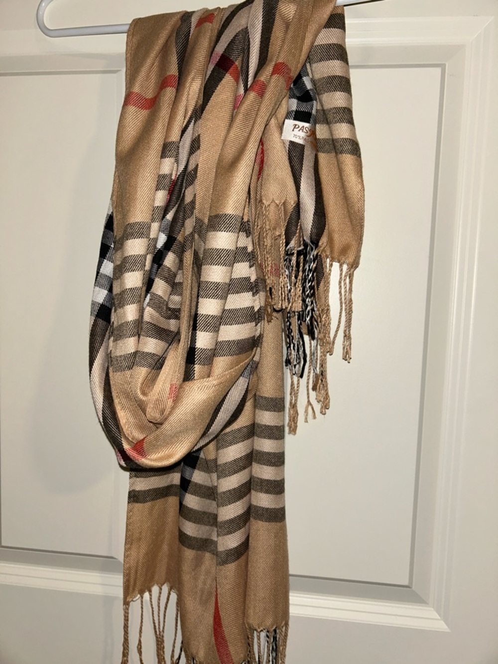 Classic Beige Plaid Fringe Scarf with Red Stripe